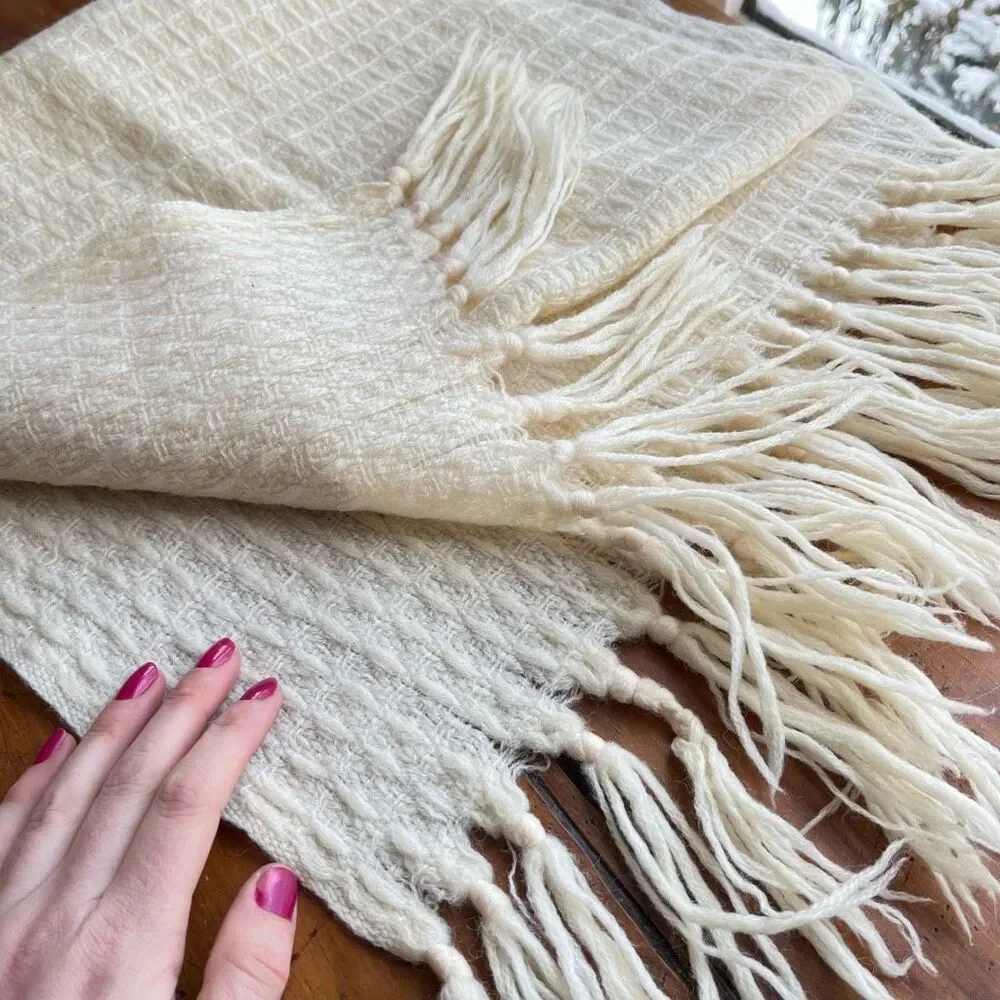 Vintage Cream Wool Woven Fringed Scarf Wrap 71